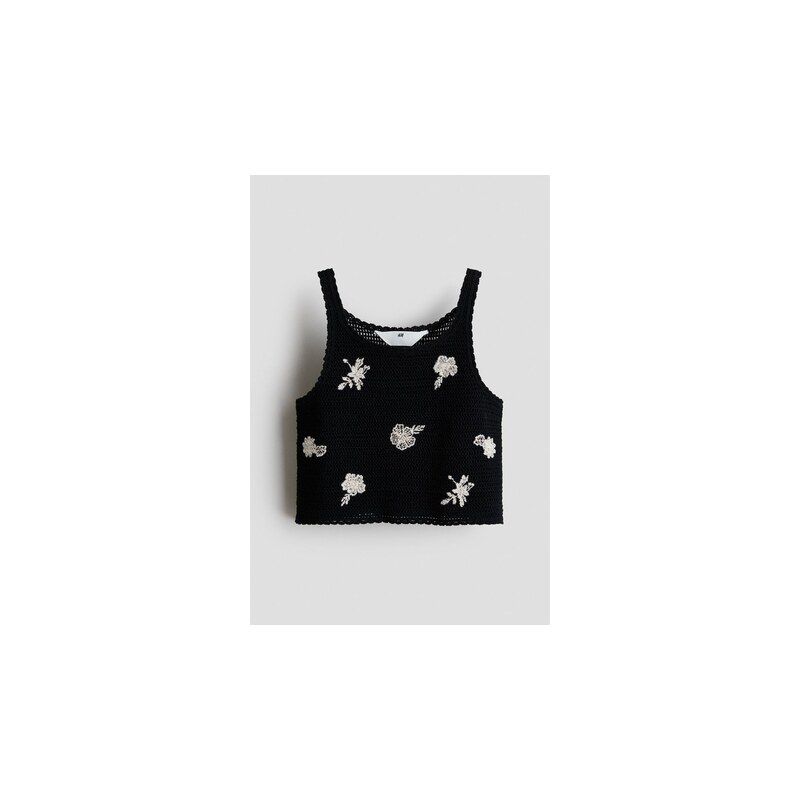 H&M - Tops výšivkami a efektem háčkování - Černá/Květiny
