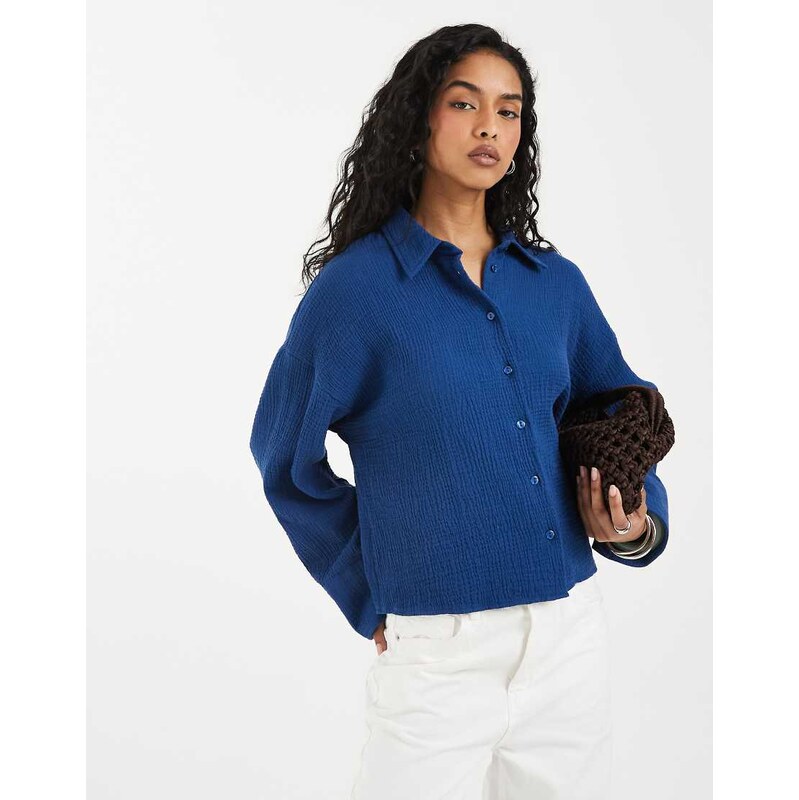 ASOS DESIGN cropped textured cotton shirt in navy