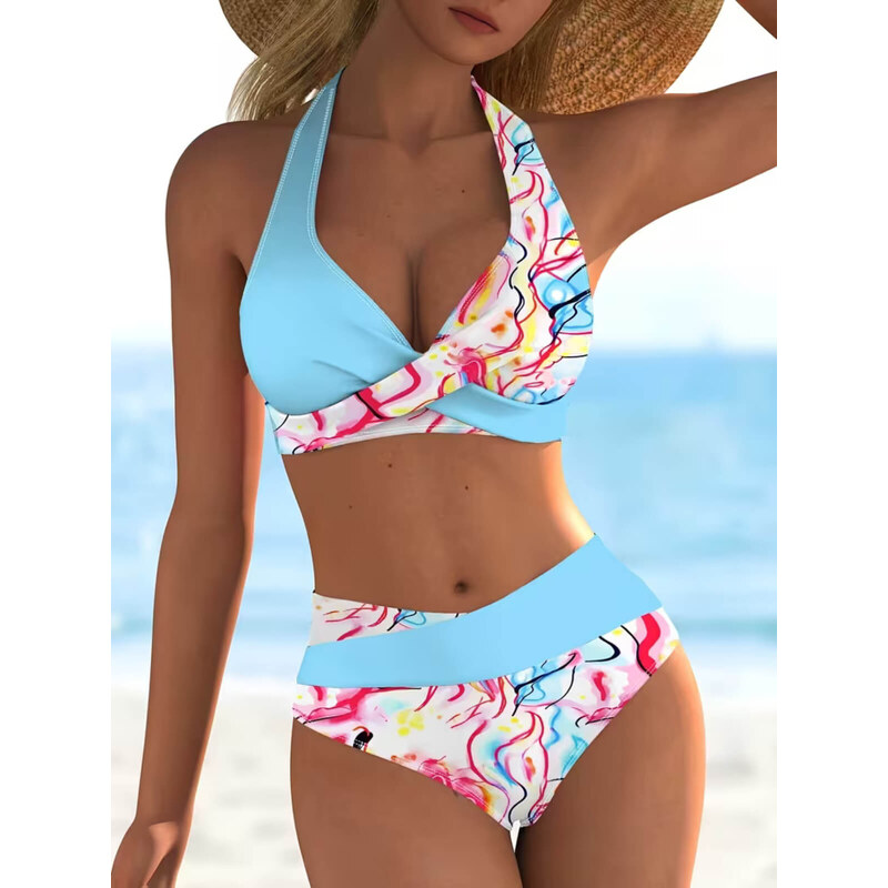 Modré bikiny s vyšším pasem a abstraktním vzorem