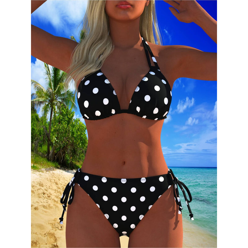 Černé puntíkované bikiny se zavazováním