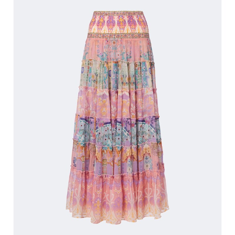 Camilla Printed tiered silk maxi skirt