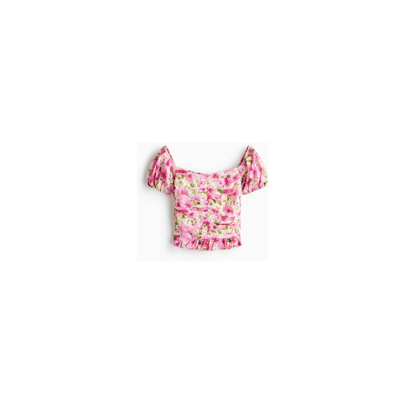 H&M - Řasený top odhalující ramena - Růžová/Květy