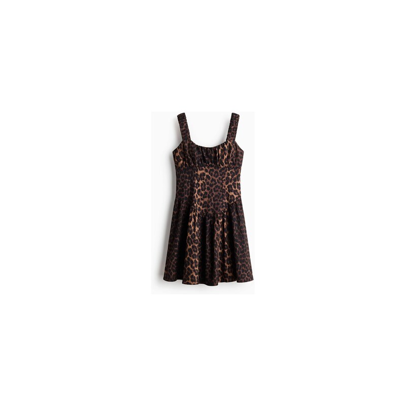 H&M - Šatys rozšířenou sukní a potiskem - Tmavě Hnědá/Leopardí