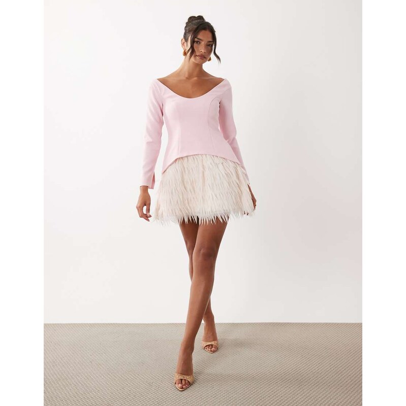 ASOS LUXE structured long sleeve mini dress with fringe skirt in