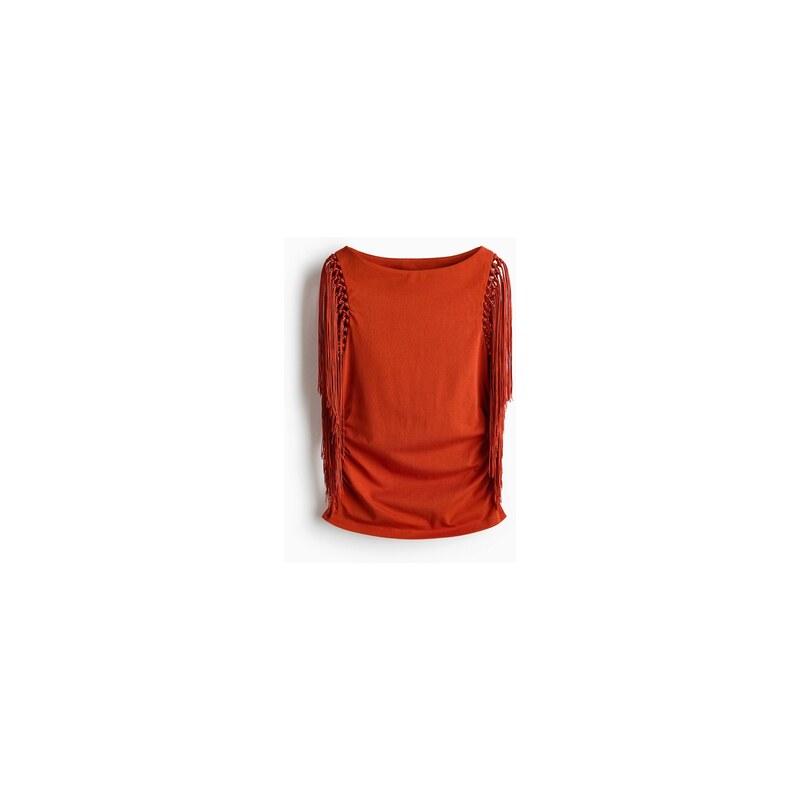 H&M - Tops lodičkovým výstřihem a třásněmi - Červená