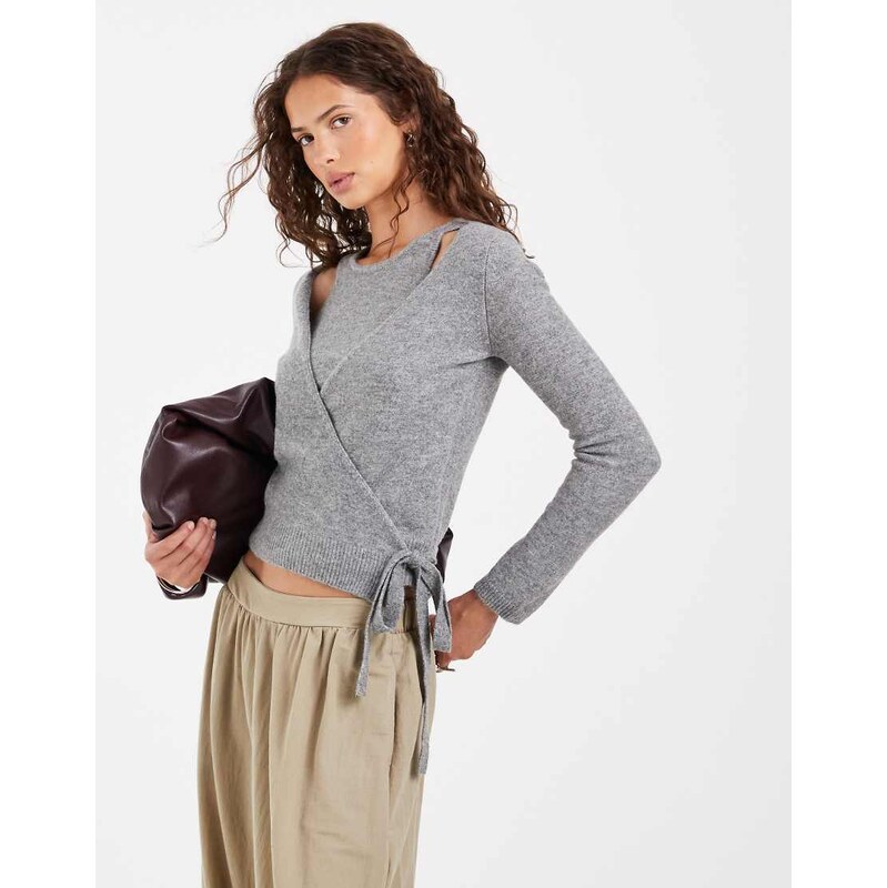 Pieces wrap detail multi layer knitted top in medium grey