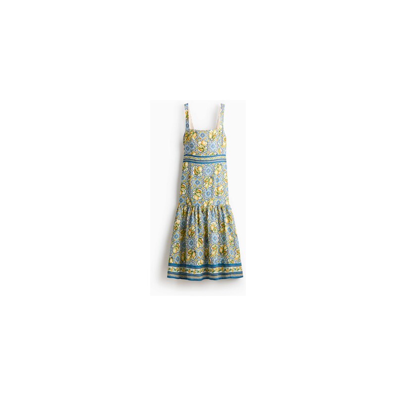 H&M - Šaty z lněné směsis vázačkami - Modrá/Citrony
