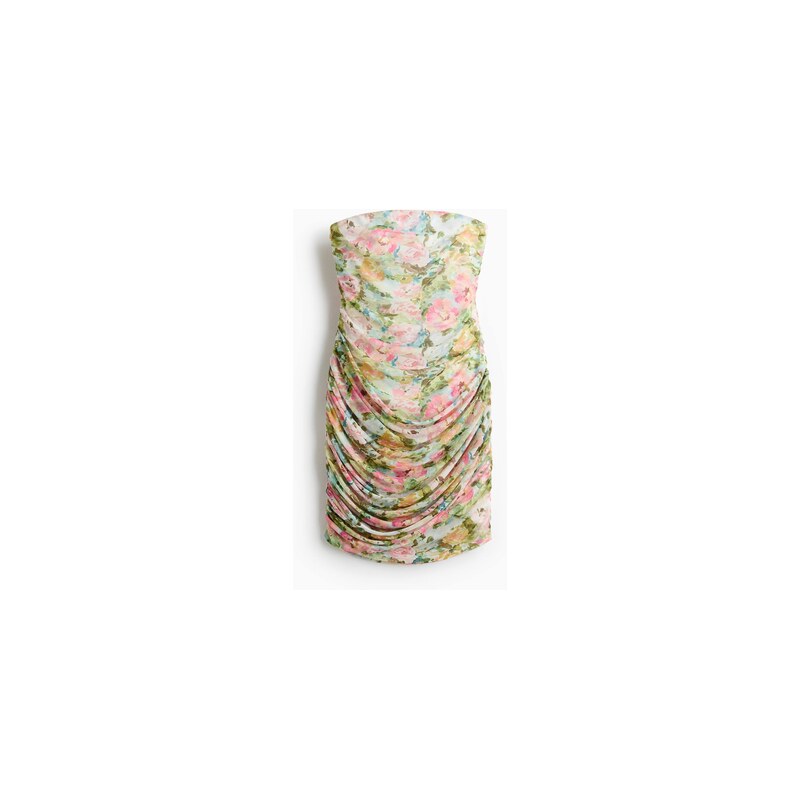H&M - Řasené šaty bandeau - Bleděmodrá/Květy