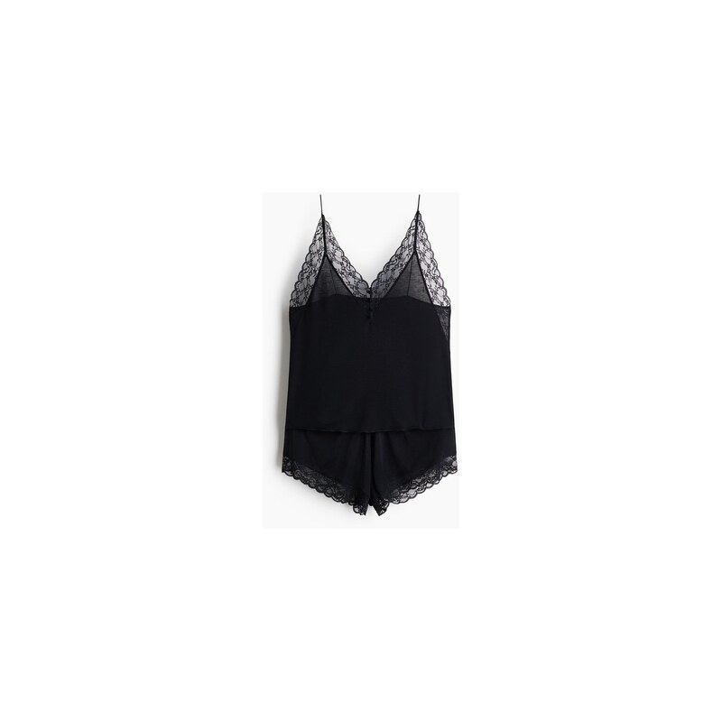 H&M - Pyžamo z viskózové směsis krajkovými lemy - Black