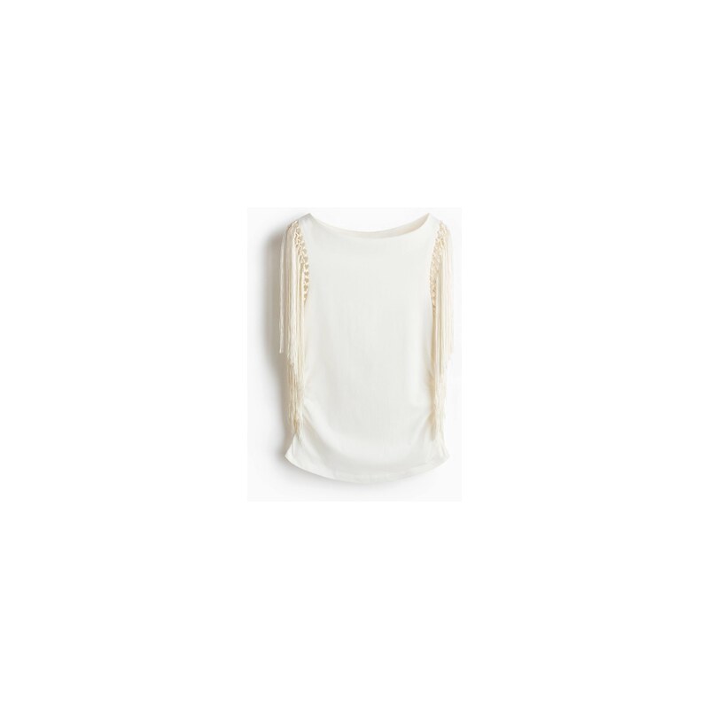 H&M - Tops lodičkovým výstřihem a třásněmi - Krémová