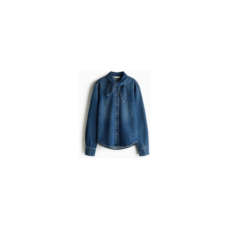 H&M - Džínová košiles mašlovým límcem - Denim Blue