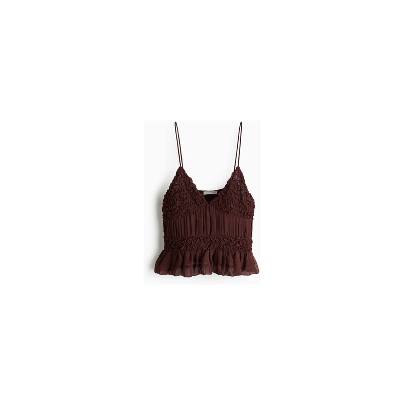 H&M - Řasený šifonový top na ramínka - Tmavě Hnědá