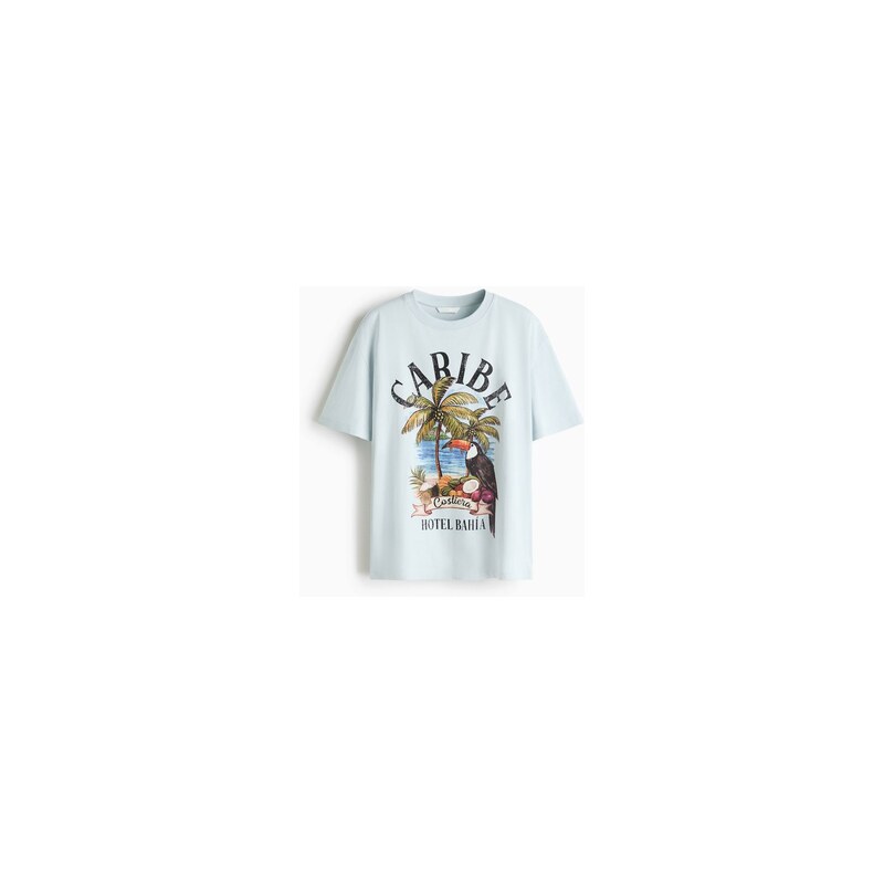 H&M - Bavlněné tričkos potiskem - Tlumená Bleděmodrá/Caribe