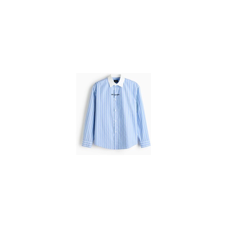 H&M - Bavlněná košiles výšivkou Relaxed Fit - Light Blue/Striped