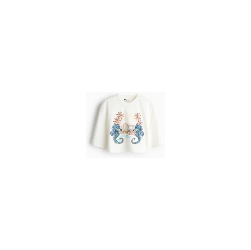 H&M - Zdobené tričko cropped - Bílá/Mořští Koníci