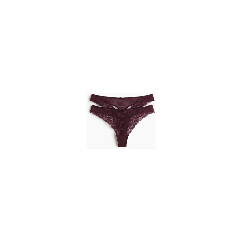 H&M - Krajkové kalhotky thong 2 kusy - Vínová