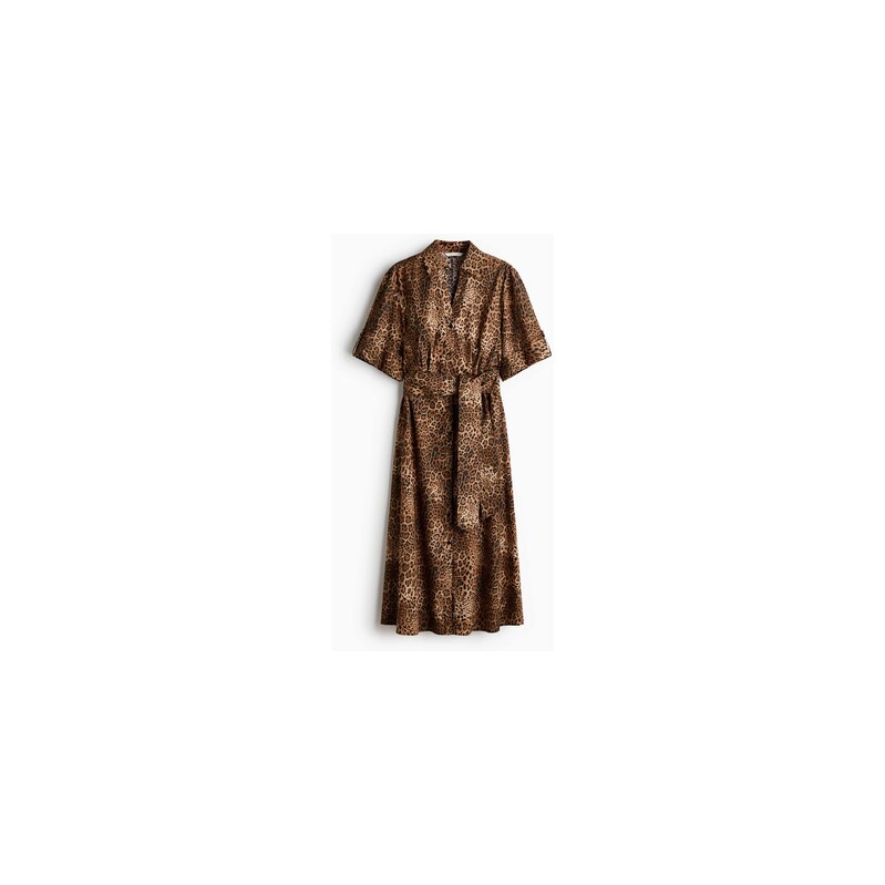H&M - Šatys vázacím páskem - Hnědá/Leopardí Potisk