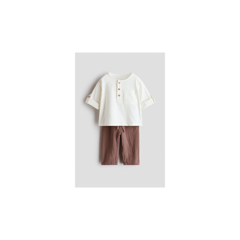 H&M - Dvoudílná bavlněná souprava - Hnědá/Bílá