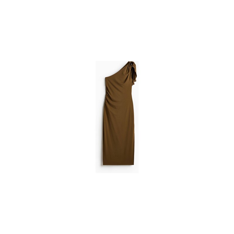 H&M - Šaty odhalující ramenos řaseným dílem - Tmavě Zelená Khaki