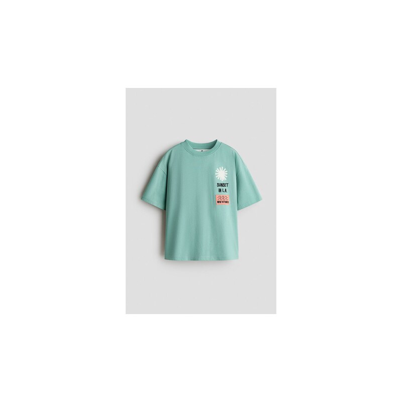 H&M - Bavlněné tričkos potiskem - Zelená/Západ Slunce