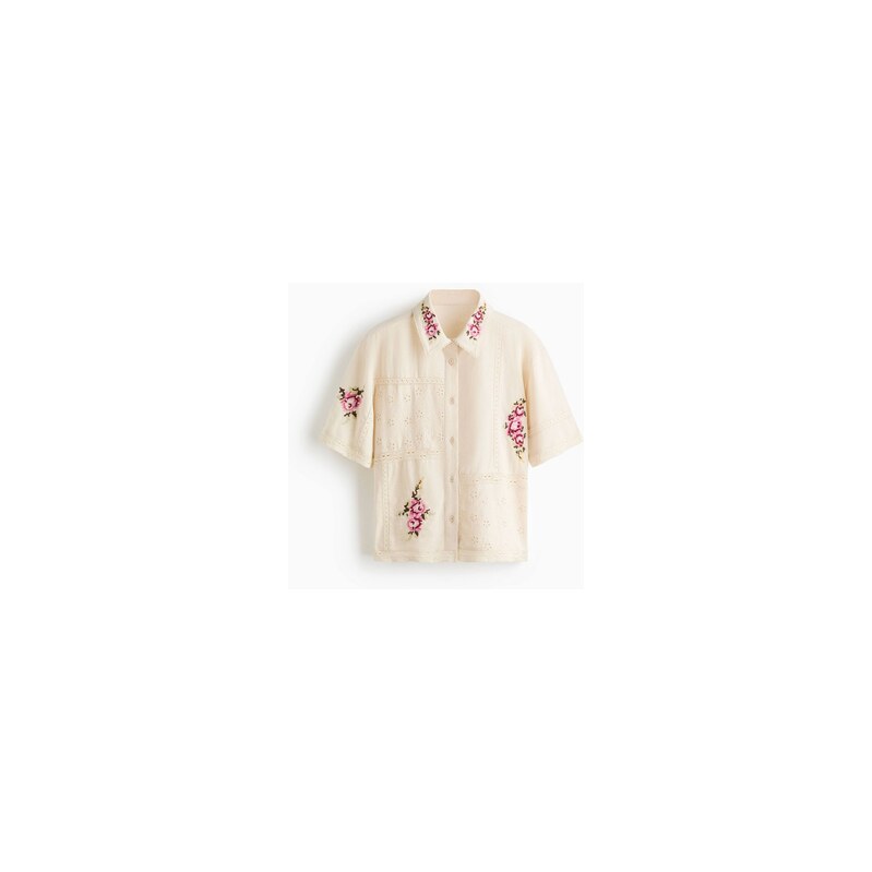 H&M - Pyžamová košile z lněné směsi - Krémová/Květiny