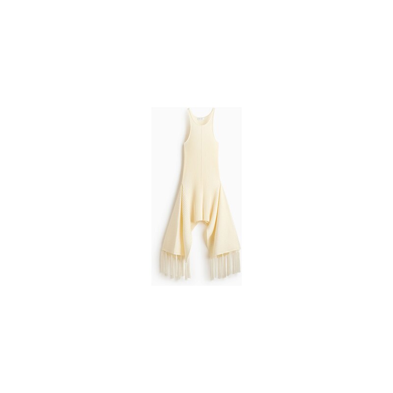 H&M - Šaty z žebrovaného úpletus třásněmi - Krémová