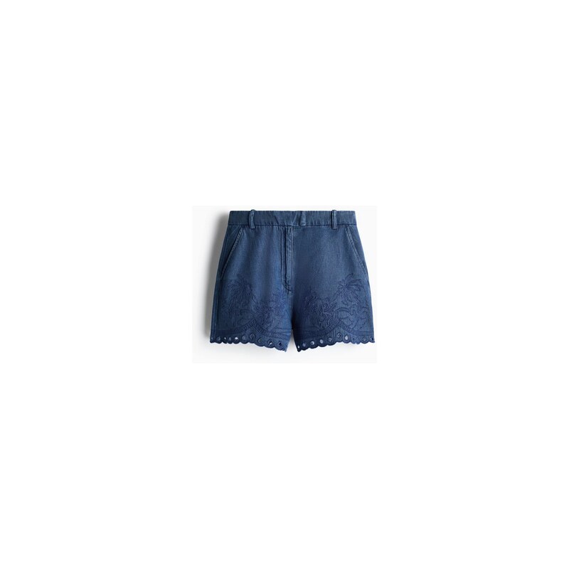 H&M - Vyšívané džínové šortky - Tmavý Denim Blue