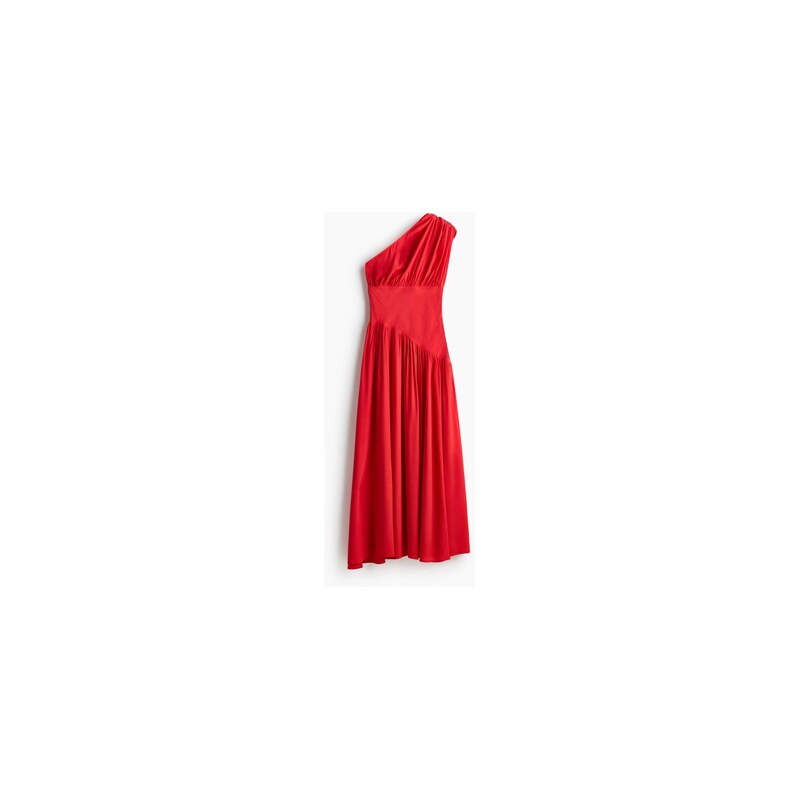 H&M - Řasené šaty odhalující rameno - Jasně Červená