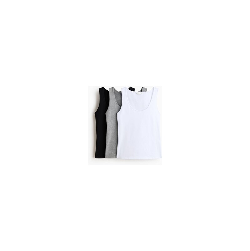 H&M - Bavlněné tílko 3 kusy - Černá/Šedý Melír/Bílá