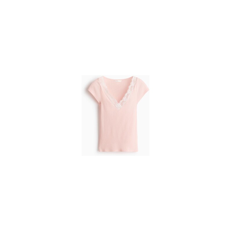H&M - Tops krajkovým výstřihem do V - Světle Růžová
