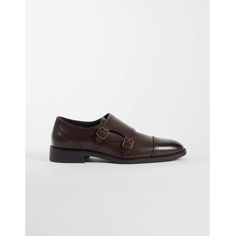 ASOS DESIGN two strap monk shoes with broguing detail in brown