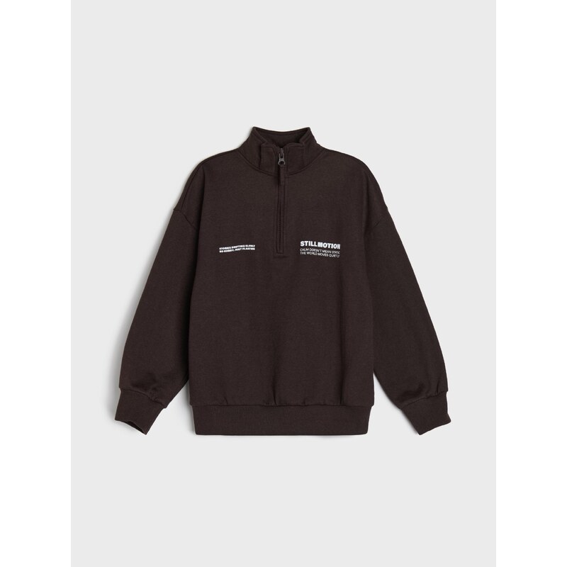 Sinsay - Tepláková mikina half-zip s nápisem - tmavě hnědá