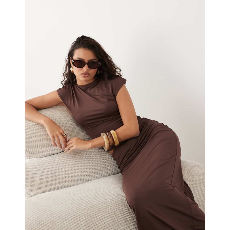 SNDYS cap sleeve ruched side sleeveless top co-ord in chocolate