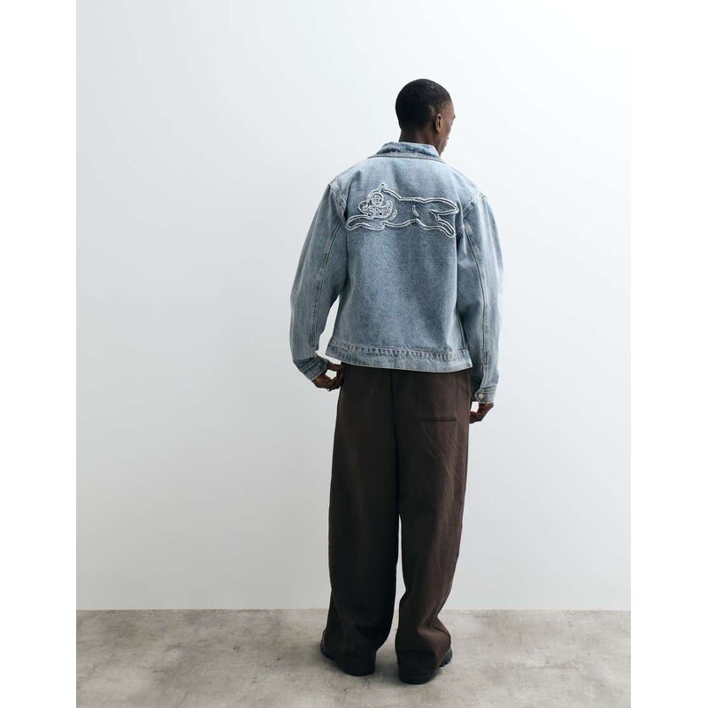 ICECREAM denim jacket with running dog applique in mid wash blue