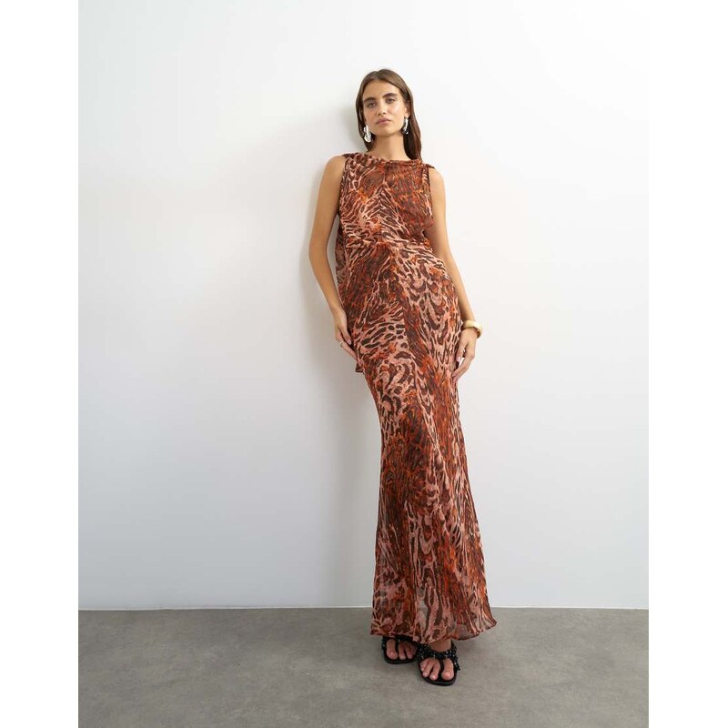 Topshop sheer open back maxi dress in dark pink animal print