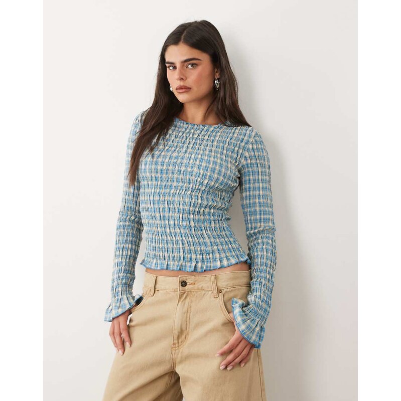 Daisy Street long sleeve shirred top in blue check
