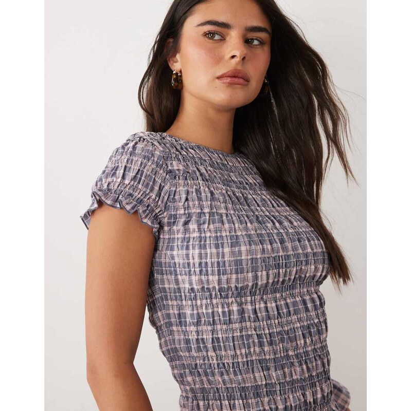 Daisy Street short sleeve shirred top in multi check