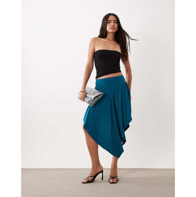 ASOS DESIGN slinky v front gathered hi low midi skirt in teal