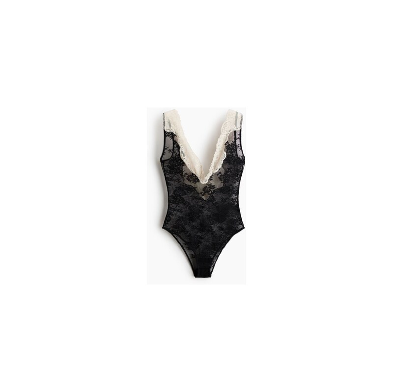 H&M - Krajkové bodys výstřihem - Černá/Krémová