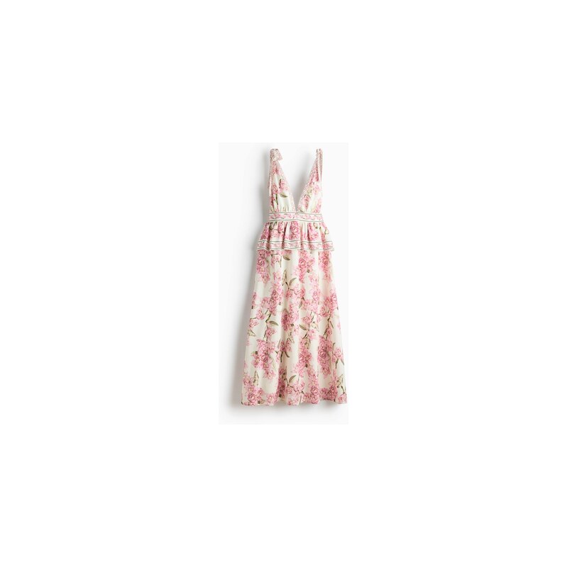 H&M - Šaty peplum z lněné směsi - Krémová/Květiny