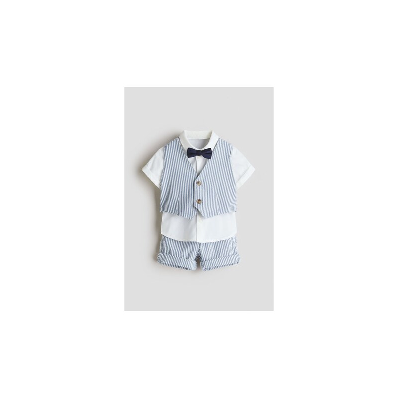 H&M - Čtyřdílná elegantní souprava z lněné směsi - Modrá/Bílá