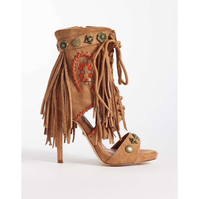 Azalea Wang Salgado fringe heeled sandals in tan suede-Brown