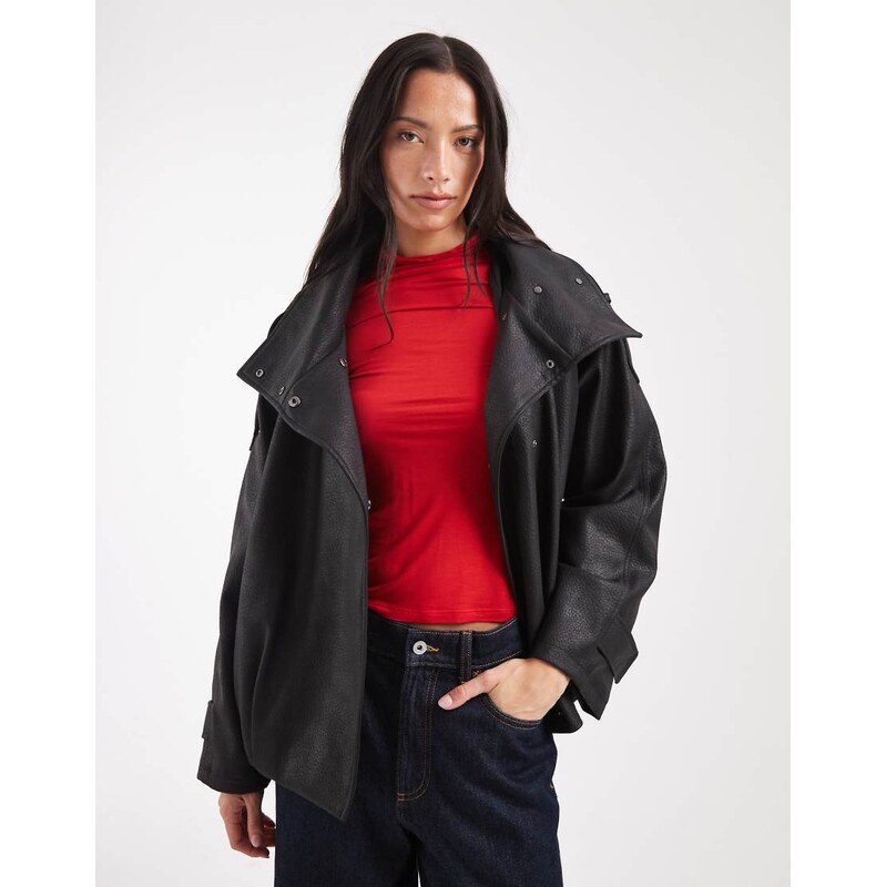 ASOS DESIGN asymmetric leather look funnel bomber jacket in