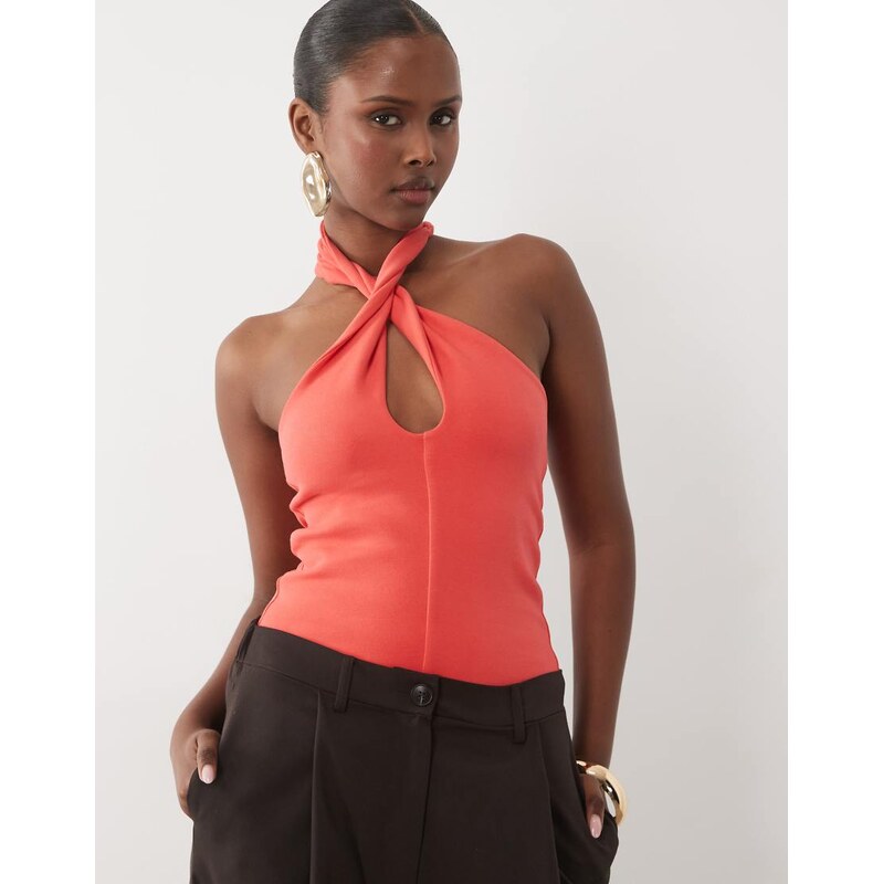 ASOS DESIGN compact cotton twist halterneck top in coral-Red