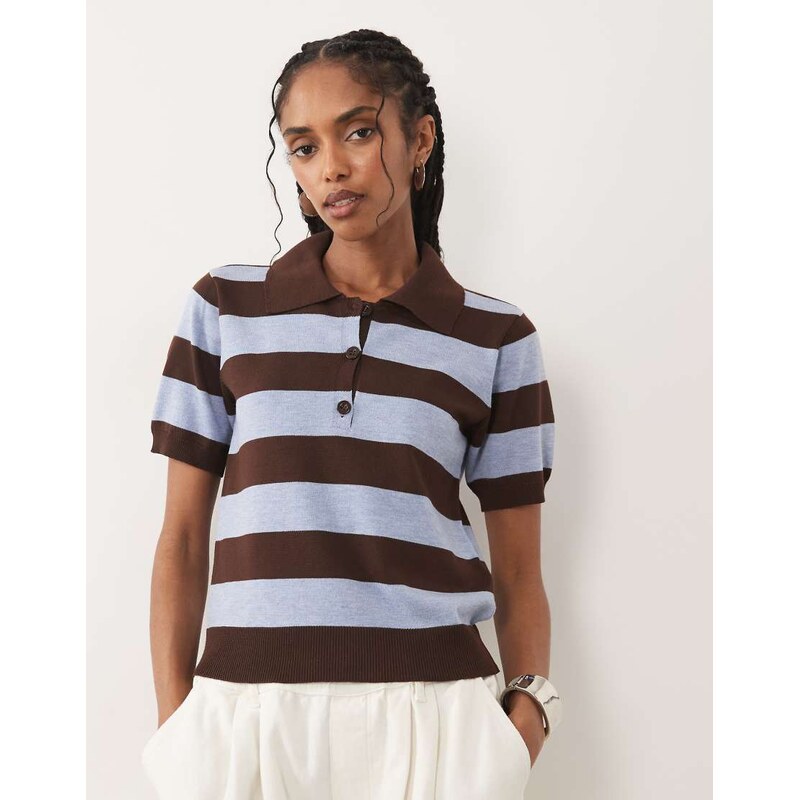 Threadbare short sleeve knitted polo top in blue and brown-Multi