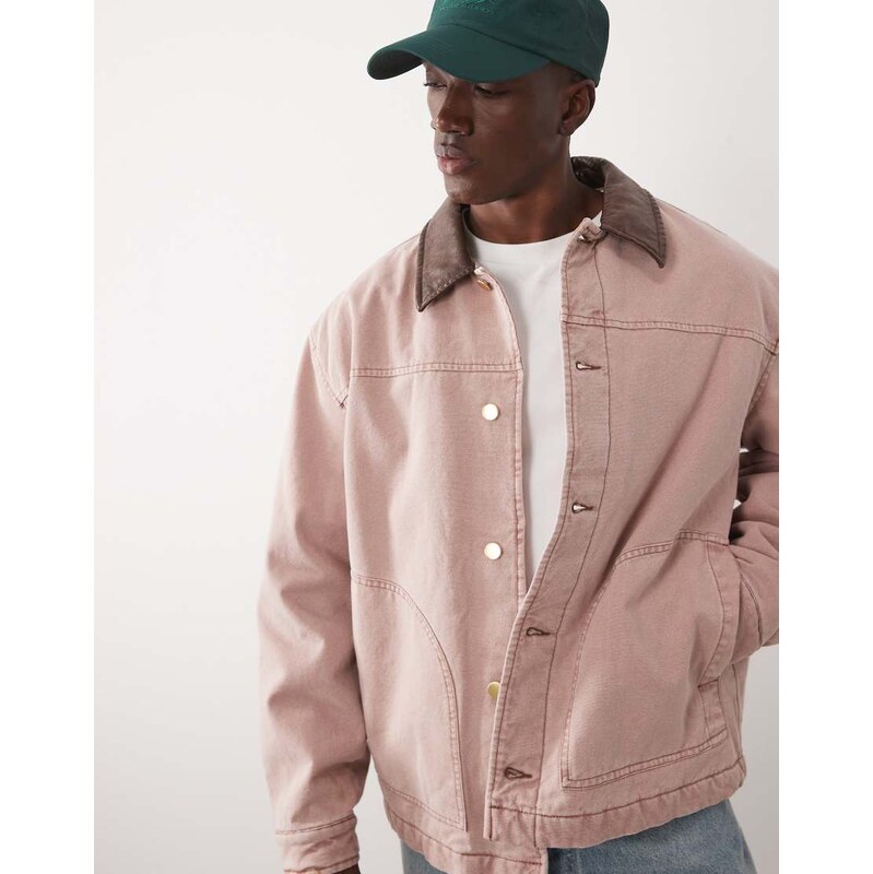 ASOS DESIGN washed workwear jacket with contrast collar in pink