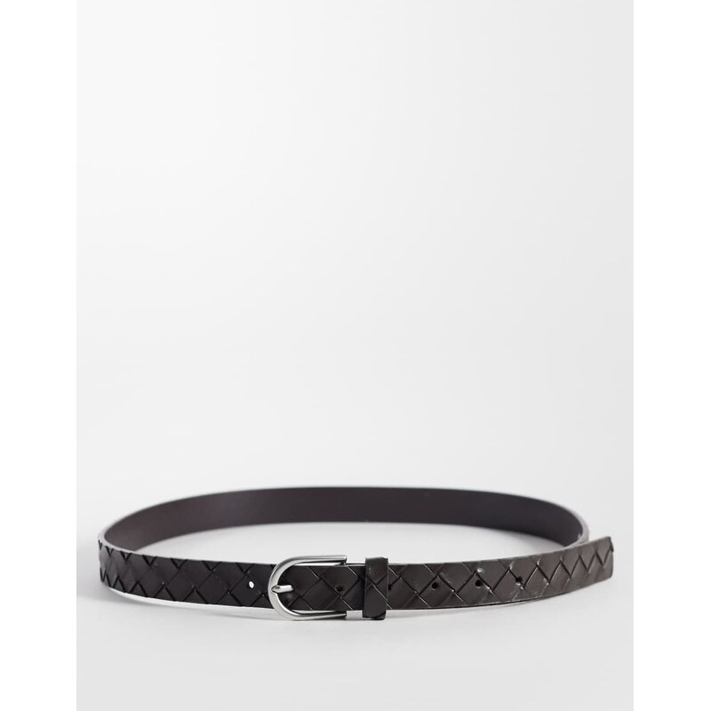 ASOS DESIGN embossed basket weave belt in brown faux leather