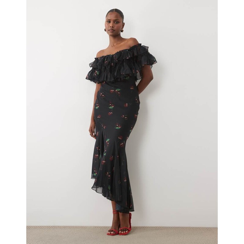 ASOS DESIGN lace mix bardot off shoulder ruffle midi dress in