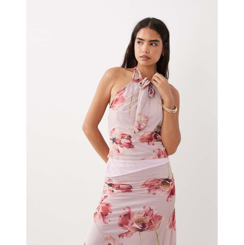 ASOS DESIGN tied peek a boo hem halter top in pink floral-Multi