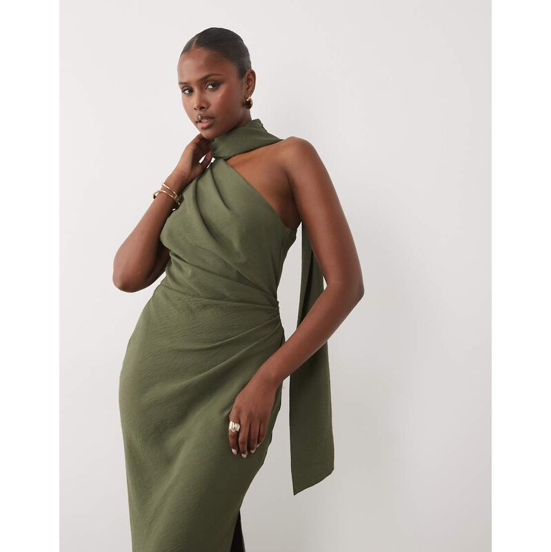 ASOS DESIGN one shoulder gathered waist maxi dress with scarf in